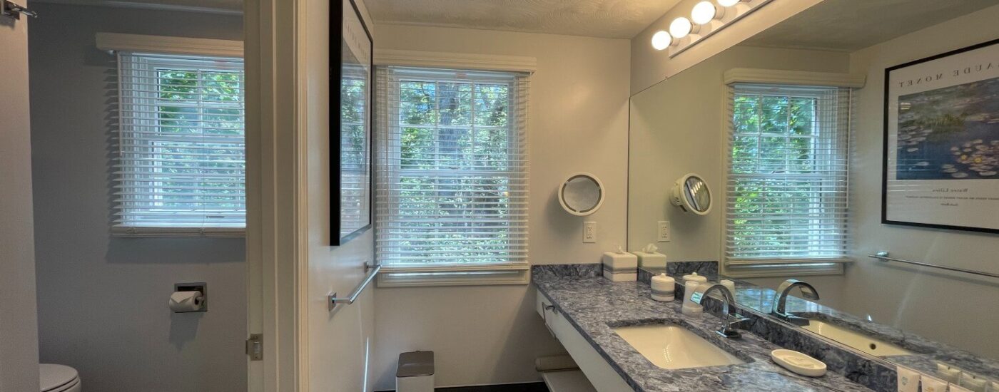 Bright bathroom with two windows, grey marble vanity sink, large mirror.